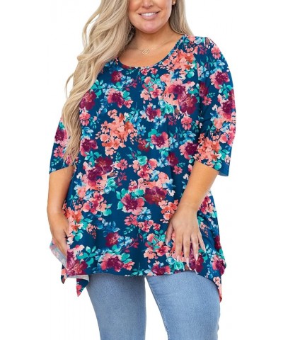 Plus Size Women's Tunic 3/4 Sleeve Clothes Swing Babydoll Top Side Split Crewneck Blouse Flowy Shirts M-5X B014-colorful Rose...