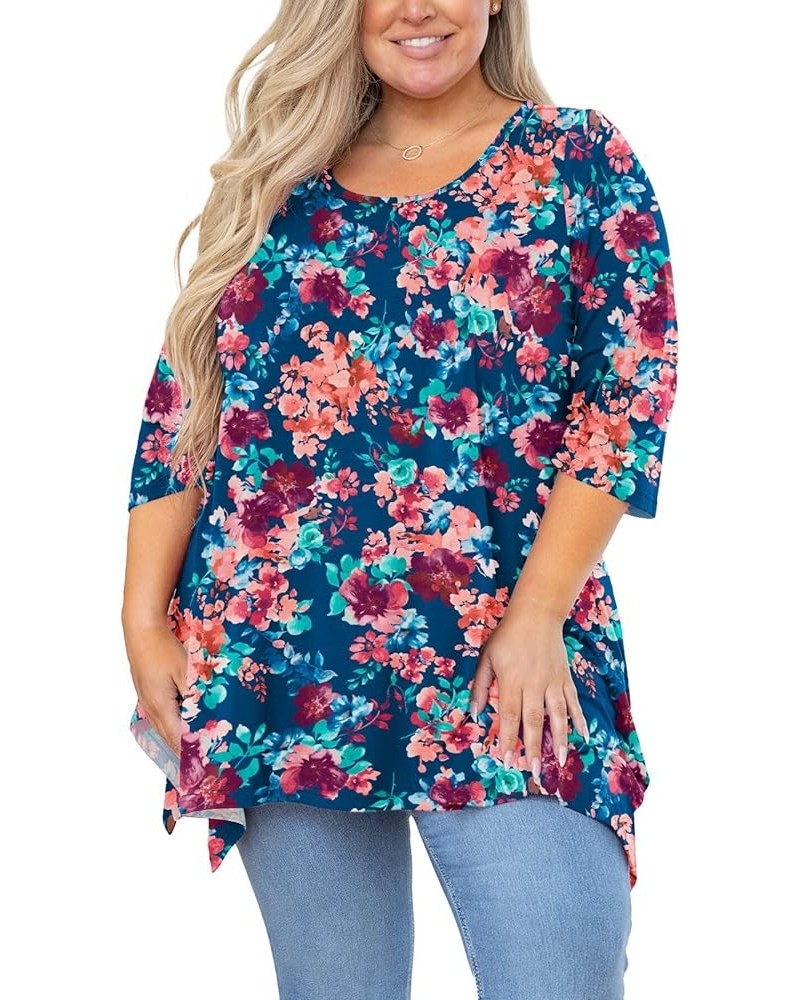 Plus Size Women's Tunic 3/4 Sleeve Clothes Swing Babydoll Top Side Split Crewneck Blouse Flowy Shirts M-5X B014-colorful Rose...