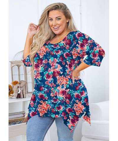 Plus Size Women's Tunic 3/4 Sleeve Clothes Swing Babydoll Top Side Split Crewneck Blouse Flowy Shirts M-5X B014-colorful Rose...