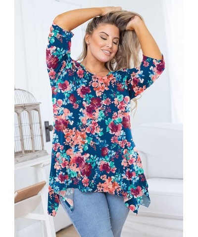 Plus Size Women's Tunic 3/4 Sleeve Clothes Swing Babydoll Top Side Split Crewneck Blouse Flowy Shirts M-5X B014-colorful Rose...