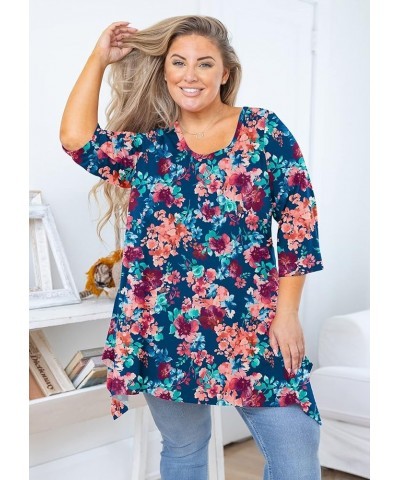 Plus Size Women's Tunic 3/4 Sleeve Clothes Swing Babydoll Top Side Split Crewneck Blouse Flowy Shirts M-5X B014-colorful Rose...