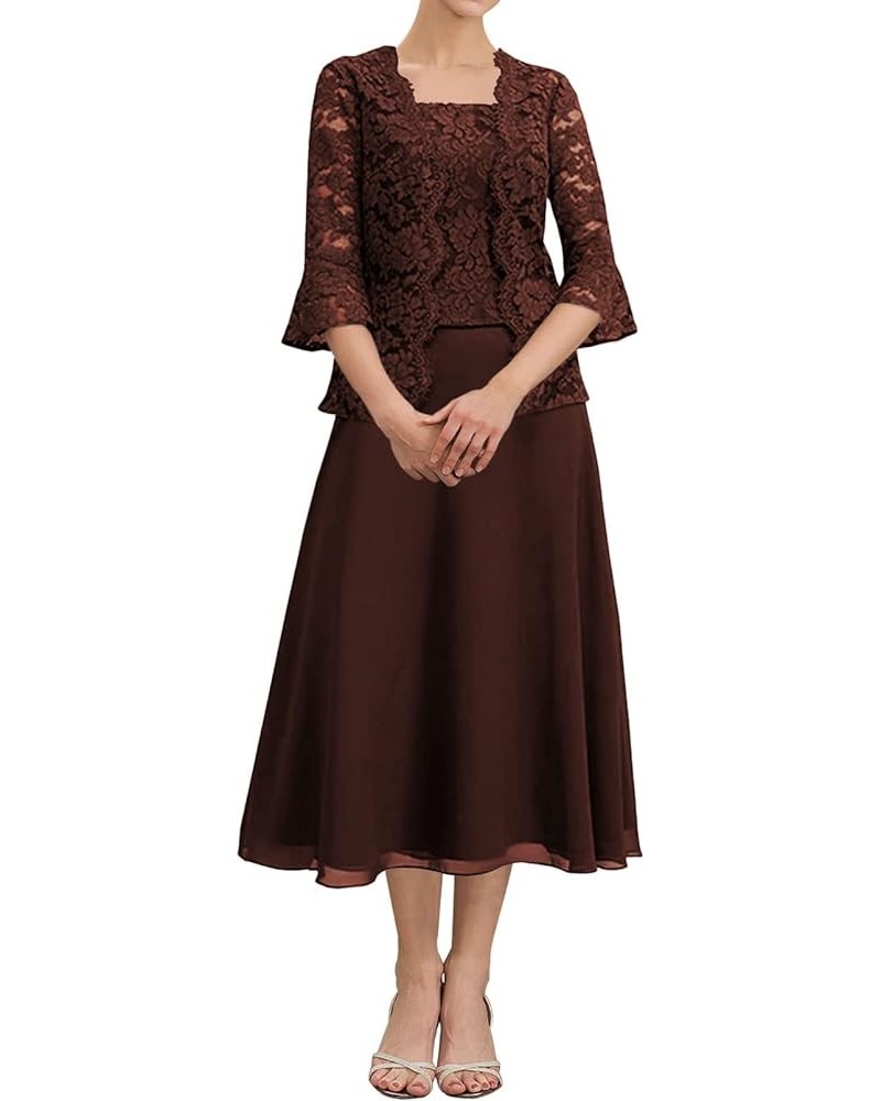 Tea Length Mother of The Bride Dresses Lace Evening Formal Dress Pagoda Sleeve Wedding Guest Groom Dress with Jacket Maroon $...