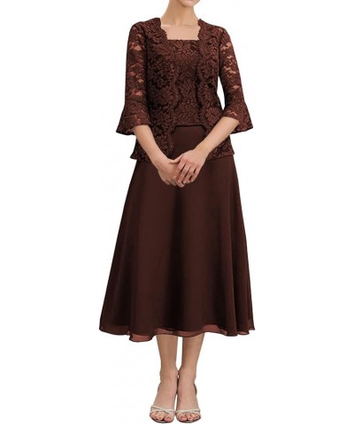 Tea Length Mother of The Bride Dresses Lace Evening Formal Dress Pagoda Sleeve Wedding Guest Groom Dress with Jacket Maroon $...