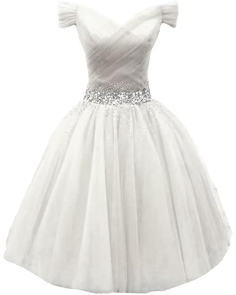 Women's Off Shoulder Beaded Short Prom Dress Tulle Teens Homecoming Dresses Bridesmaid Gown Ivory $30.00 Dresses