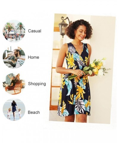 Womens Casual Sleeveless Dress V Neck Wrap Tunics Dresses Loose Comfy Beach Sundress with Pockets Navy Flowers $21.44 Swimsuits