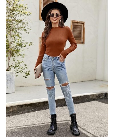 Womens Long Sleeve Mock Neck Sweater Slim Fitted Stretch Ribbed Knit Pullover Sweaters Causal Tops Caramel $10.23 Sweaters