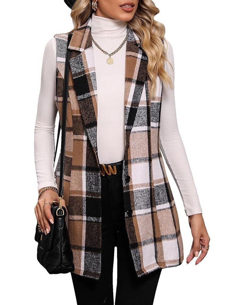 Women's Plaid Print Button Down Vest Blazer Lapel Neck Sleeveless Coat Coffee Brown $25.00 Vests