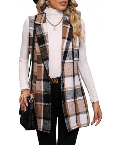 Women's Plaid Print Button Down Vest Blazer Lapel Neck Sleeveless Coat Coffee Brown $25.00 Vests