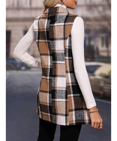 Women's Plaid Print Button Down Vest Blazer Lapel Neck Sleeveless Coat Coffee Brown $25.00 Vests