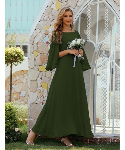 Scoop Neck Chiffon Bridesmaid Dress Bat Sleeve Long Mother of The Bride Party Prom Gown Martini Olive $47.25 Dresses