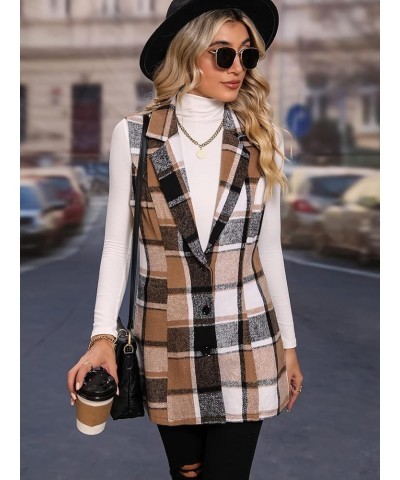 Women's Plaid Print Button Down Vest Blazer Lapel Neck Sleeveless Coat Coffee Brown $25.00 Vests