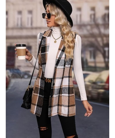 Women's Plaid Print Button Down Vest Blazer Lapel Neck Sleeveless Coat Coffee Brown $25.00 Vests