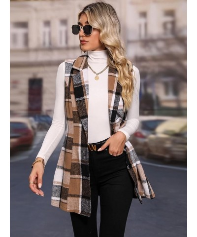 Women's Plaid Print Button Down Vest Blazer Lapel Neck Sleeveless Coat Coffee Brown $25.00 Vests