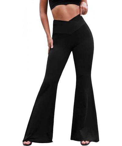 Women's Ruffle Hem Flare Leg Elastic High Waist Pants Trousers Pure Black $14.24 Pants