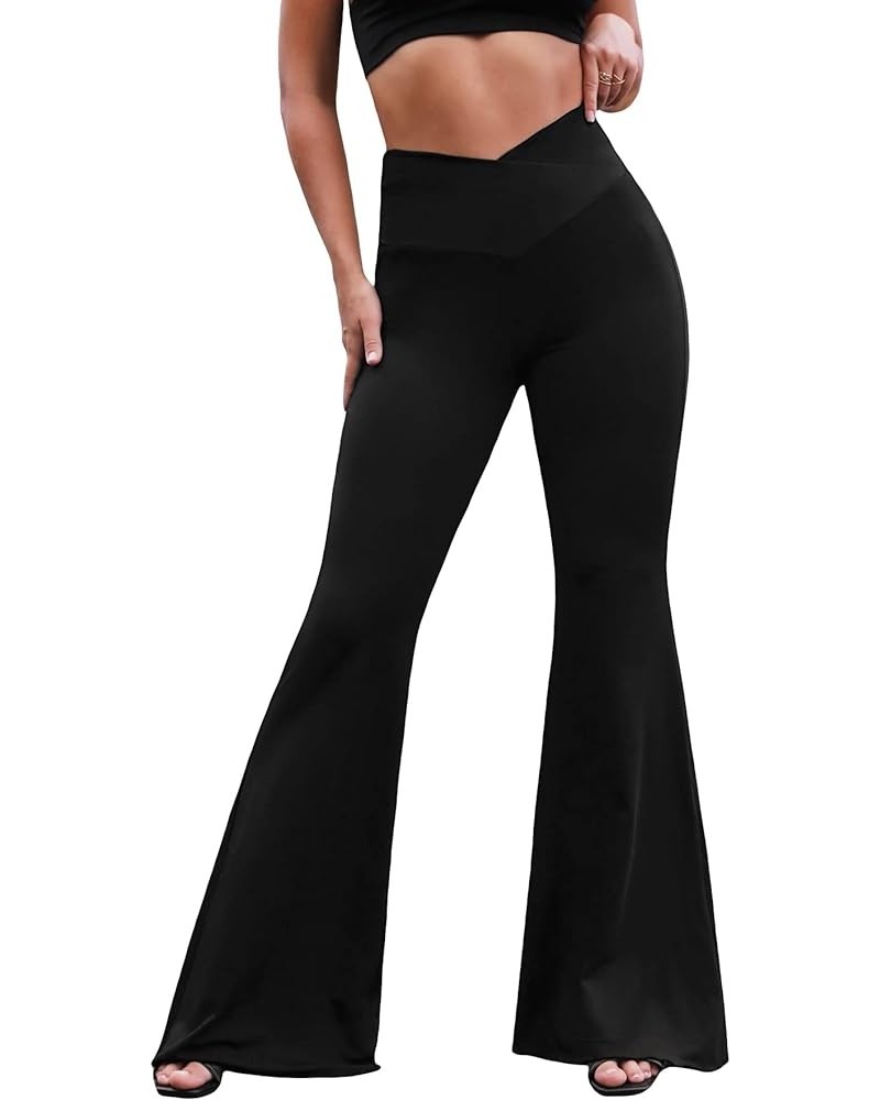 Women's Ruffle Hem Flare Leg Elastic High Waist Pants Trousers Pure Black $14.24 Pants