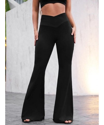 Women's Ruffle Hem Flare Leg Elastic High Waist Pants Trousers Pure Black $14.24 Pants