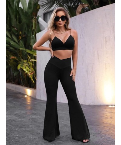 Women's Ruffle Hem Flare Leg Elastic High Waist Pants Trousers Pure Black $14.24 Pants