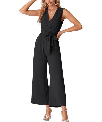 Women's Wrap Deep V Neck Tie Waist Sleeveless Wide Leg Jumpsuit Romper with Pocket Black $24.19 Jumpsuits