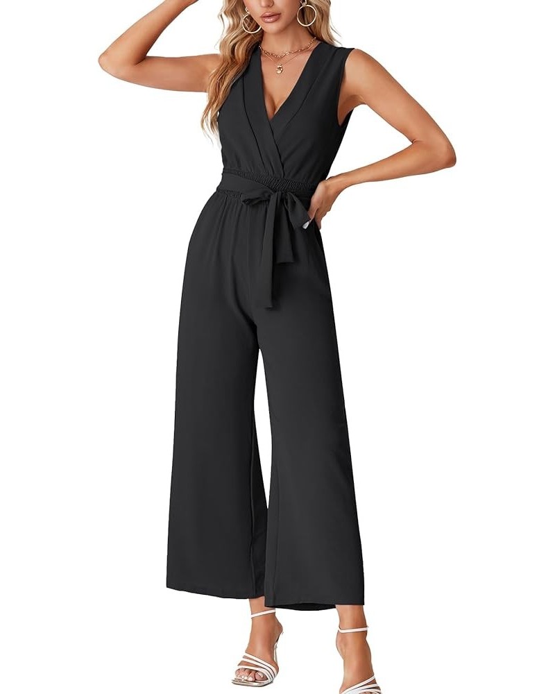 Women's Wrap Deep V Neck Tie Waist Sleeveless Wide Leg Jumpsuit Romper with Pocket Black $24.19 Jumpsuits