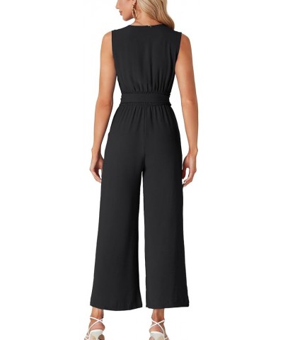 Women's Wrap Deep V Neck Tie Waist Sleeveless Wide Leg Jumpsuit Romper with Pocket Black $24.19 Jumpsuits