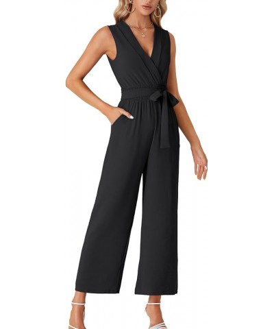 Women's Wrap Deep V Neck Tie Waist Sleeveless Wide Leg Jumpsuit Romper with Pocket Black $24.19 Jumpsuits