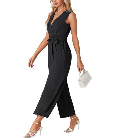 Women's Wrap Deep V Neck Tie Waist Sleeveless Wide Leg Jumpsuit Romper with Pocket Black $24.19 Jumpsuits