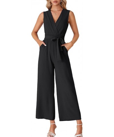 Women's Wrap Deep V Neck Tie Waist Sleeveless Wide Leg Jumpsuit Romper with Pocket Black $24.19 Jumpsuits