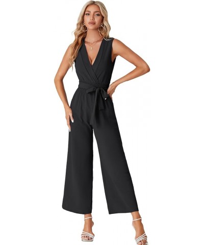 Women's Wrap Deep V Neck Tie Waist Sleeveless Wide Leg Jumpsuit Romper with Pocket Black $24.19 Jumpsuits