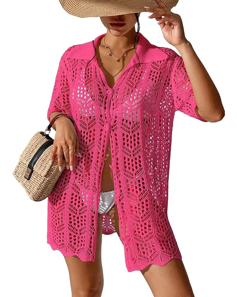 Women's Button Down Hollow Out Crochet Swimsuits Cover Ups Kimono Short Sleeve Sheer Beach Cover Up Solid Hotpink $14.76 Swim...