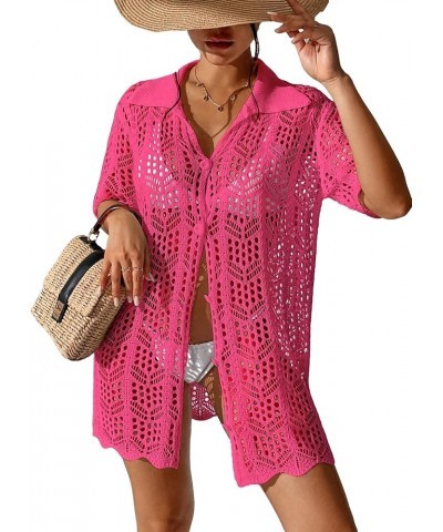 Women's Button Down Hollow Out Crochet Swimsuits Cover Ups Kimono Short Sleeve Sheer Beach Cover Up Solid Hotpink $14.76 Swim...