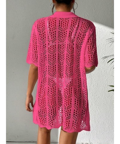 Women's Button Down Hollow Out Crochet Swimsuits Cover Ups Kimono Short Sleeve Sheer Beach Cover Up Solid Hotpink $14.76 Swim...