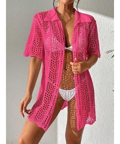 Women's Button Down Hollow Out Crochet Swimsuits Cover Ups Kimono Short Sleeve Sheer Beach Cover Up Solid Hotpink $14.76 Swim...