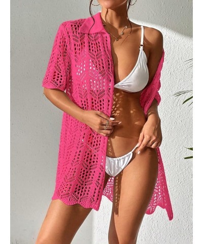 Women's Button Down Hollow Out Crochet Swimsuits Cover Ups Kimono Short Sleeve Sheer Beach Cover Up Solid Hotpink $14.76 Swim...