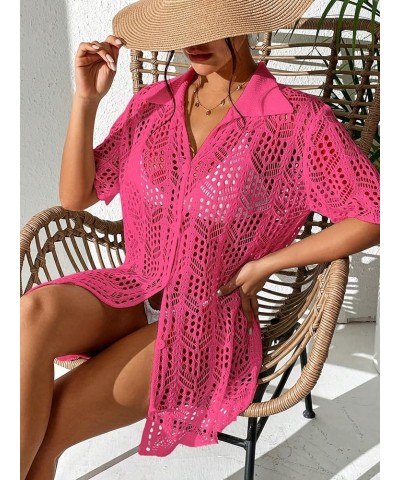 Women's Button Down Hollow Out Crochet Swimsuits Cover Ups Kimono Short Sleeve Sheer Beach Cover Up Solid Hotpink $14.76 Swim...