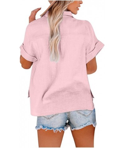 2023 Women Cotton Linen Tee Shirt Casual Lapel Button Down Short Sleeve Tops Summer Comfy Loose with Pocket Plain Blouse Brow...