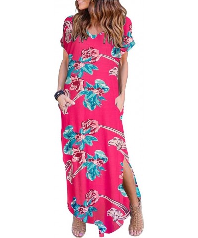 Women Summer Casual Maxi Dress Loose Pockets Short Sleeve Split Boho Dresses Apricot Rosefloral $13.42 Dresses