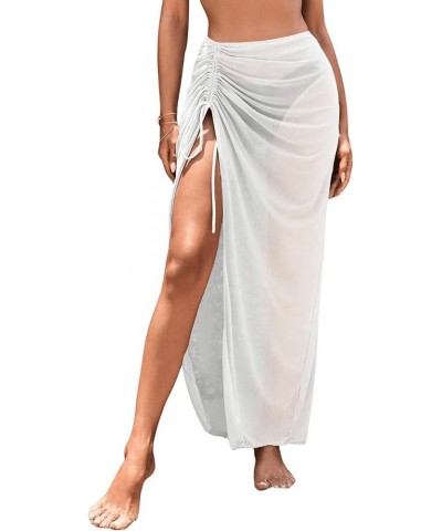 Women's Sheer Mesh Cover Up Skirt Drawstring Side Split Thigh Ruched Beach Cover Up White $15.36 Swimsuits