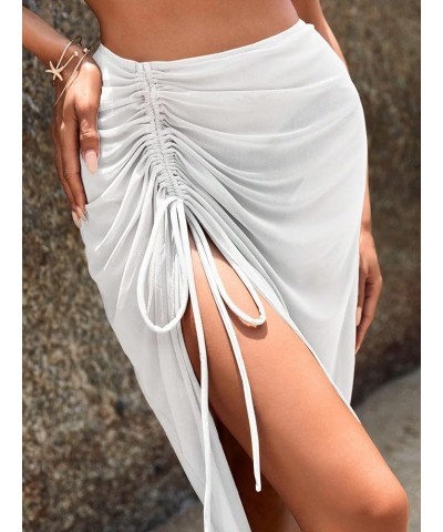 Women's Sheer Mesh Cover Up Skirt Drawstring Side Split Thigh Ruched Beach Cover Up White $15.36 Swimsuits