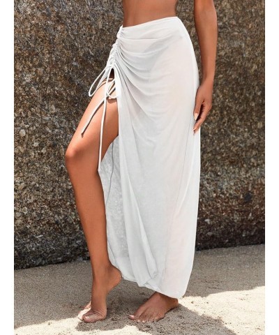 Women's Sheer Mesh Cover Up Skirt Drawstring Side Split Thigh Ruched Beach Cover Up White $15.36 Swimsuits