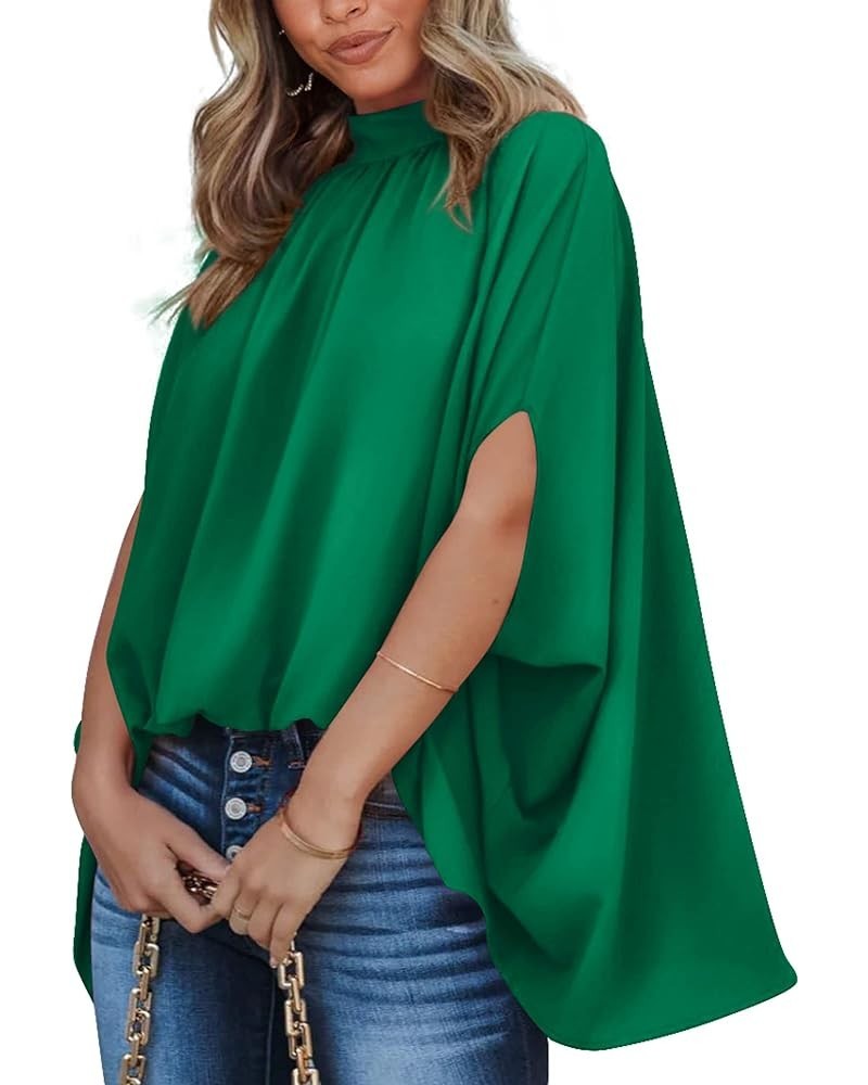 Women Mock Neck Batwing Short Sleeve Summer Tops 2024 Spring Loose High Low Hem Casual Oversize Blouses Shirts Top Solid Gree...