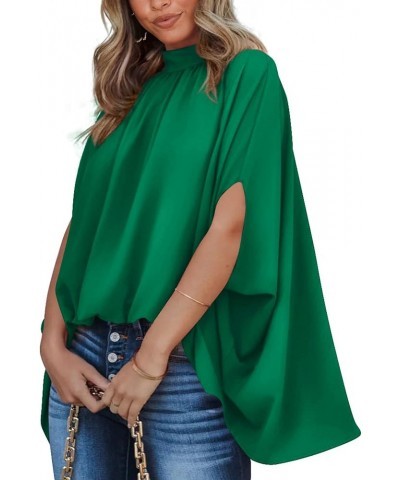 Women Mock Neck Batwing Short Sleeve Summer Tops 2024 Spring Loose High Low Hem Casual Oversize Blouses Shirts Top Solid Gree...