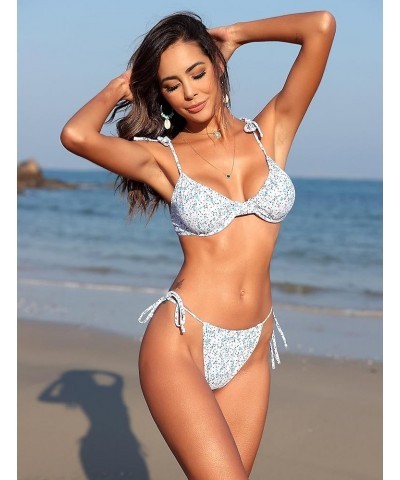 Women's Underwire Bikini Floral String Bikini Set Ruched High Cut Bikini Two Piece Swimsuit Bathing Suit 0-blue $15.07 Swimsuits