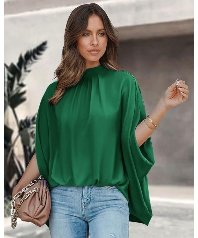 Women Mock Neck Batwing Short Sleeve Summer Tops 2024 Spring Loose High Low Hem Casual Oversize Blouses Shirts Top Solid Gree...