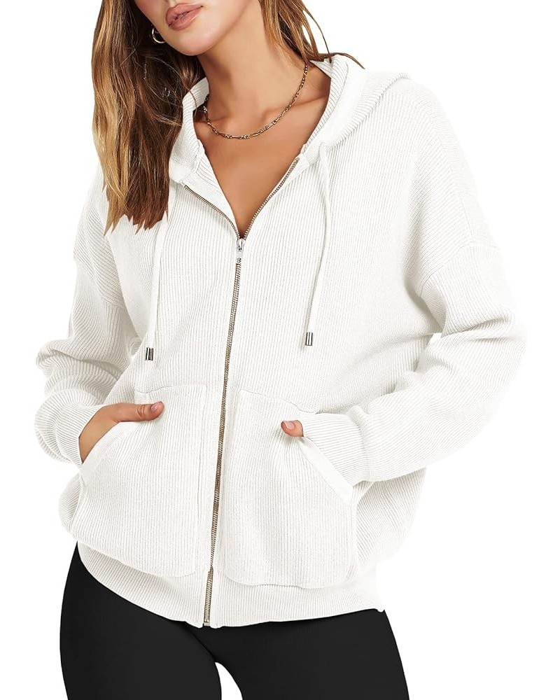 Women's Zip Up Sweater Hoodies 2024 Oversized Casual hooded Jacket Long Sleeve Ribbed Knit Sweatshirts White $22.05 Sweaters