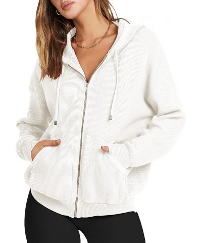 Women's Zip Up Sweater Hoodies 2024 Oversized Casual hooded Jacket Long Sleeve Ribbed Knit Sweatshirts White $22.05 Sweaters