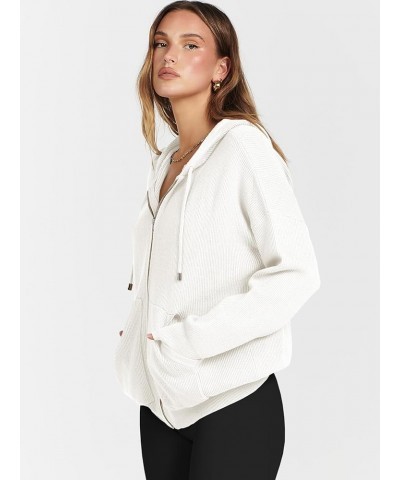 Women's Zip Up Sweater Hoodies 2024 Oversized Casual hooded Jacket Long Sleeve Ribbed Knit Sweatshirts White $22.05 Sweaters