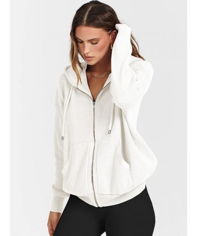 Women's Zip Up Sweater Hoodies 2024 Oversized Casual hooded Jacket Long Sleeve Ribbed Knit Sweatshirts White $22.05 Sweaters