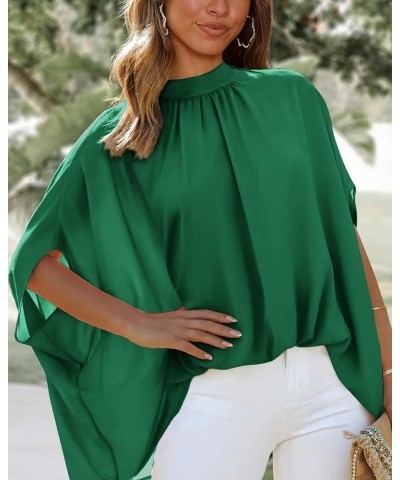 Women Mock Neck Batwing Short Sleeve Summer Tops 2024 Spring Loose High Low Hem Casual Oversize Blouses Shirts Top Solid Gree...