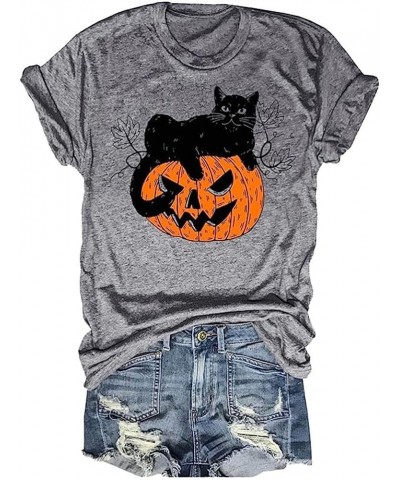 Halloween Thanksgiving Pumpkin Shirts Women Fall T-Shirts Cute Autumn Graphic Tees Tops Cat $11.39 T-Shirts