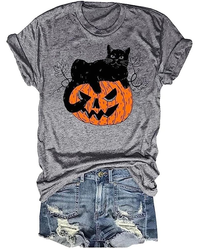 Halloween Thanksgiving Pumpkin Shirts Women Fall T-Shirts Cute Autumn Graphic Tees Tops Cat $11.39 T-Shirts